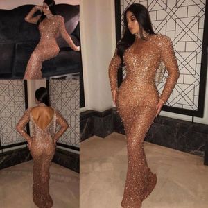 Rose Gold Sequins Mermaid Long Sleeves Evening Dresses Sexy Tassel Backless High Neck Evening Prom Gowns Formal Pageant BC0588214e