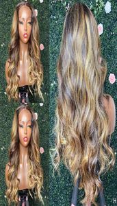 Silk Top Highlight Honey Blonde Full spets mänskliga hår peruker naturliga hårfäste Glueless Wavy Golden Pervuian 360 Frontal pannband3167373