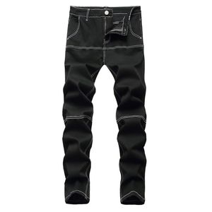 Mens Jeans Long Trousers Mens Coarse Line Jeans Man Black Slim Stretch Denim Spliced Patchwork Contrast Color Pants Streetwear Trousers Clothing Zipper Trousers