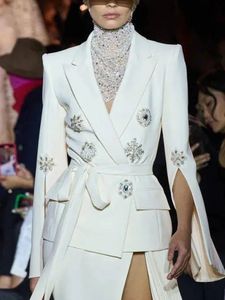 HIGH STREET est Fashion Designer Jacket Womens Slit Sleeve Rhinestone Diamonds Beading Belted Blazer 240223