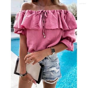 Women's Blouses Lady Off Shoulder Sexy Ruffled One Word Collar Lace-Up Solid Mid-Sleeved Summer Casual T-Shirt Fashion Clothing 2024