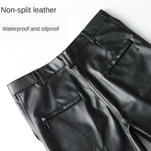 Byxor Spring Autumn Straight Leather Pants Fleece Men's Plus Size Leather Loose High midja vindtät breda benbyxor Smart Casual Pants