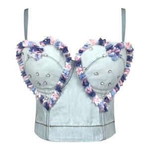 Tops 2023 Summer Denim Tank Tops Kobiety kwiat 3D Push Up Bustier Bra seksowna bez pleców przycięta top żeńska ramiączka