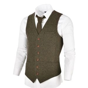 Gilet VOBOOM Gilet da uomo in tweed di lana Gilet aderente monopetto a spina di pesce a spina di pesce 007