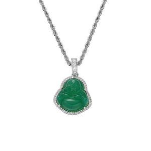 Collane con ciondolo Catena in corda di acciaio inossidabile Micro pavimenta Zircone cubico Collana con pendenti Buddha in pietra naturale verde per uomo e donna235e