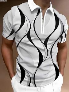 Herrpolos vintage svartvit randig 3D -tryckt blixtlås Polo -skjorta 2024 Summer Slim Sweatshirt Lapel toppar Streetwear