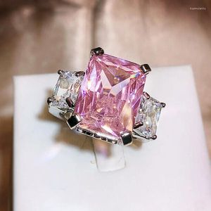 Cluster Rings 925 Sterling Silver Classic And Charm Inlaid Diamond Square Zircon Pink For Women Party Simple Gift Jewelry