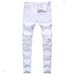 Weiße Designer-Jeans für Herren, zerrissen, Distressed, schwarz, Röhrenjeans, Hip-Hop-Knopf-Stretchhose, Thekhoi-6 229