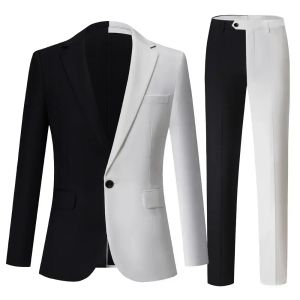 Ternos masculinos m5xl moda slim fit, preto e branco, conjunto de 2 peças, vestido de festa, smoking, show, calças blazer