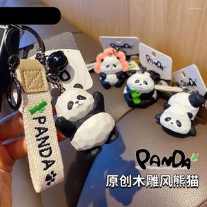 Keychains Woodcarving Style Resin Panda Keychain Creative And Exquisite Holding Bamboo Couple Bag Mobile Phone Pandant