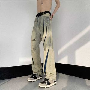 Estilo americano vibe feng shui lavado jeans desgastados para homens verão fino perna reta babados e bonito marca da moda de rua alta