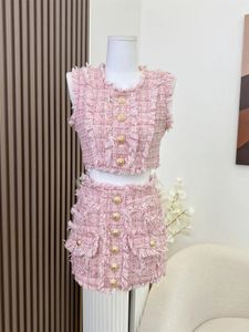 Högkvalitativ liten doft 2 -stycken Set Female Summer Tweed Vest Crop Top Blue Korean Mini kjol Party Tassels Outfits Chic 240305