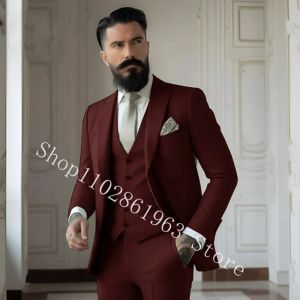 Ternos borgonha 3 peças terno masculino fino ajuste melhores homens padrinhos noivo formal casamento smoking blazer + colete + calças traje homme mariage