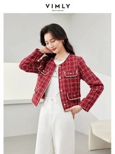 Vimly Rot Französisch Stil Plaid Elegante Tweed Jacke Frühling Oneck Einreiher Mantel Frauen Kurze Weibliche Oberbekleidung M6179 240307