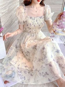 Zoki Elegant Floral Chiffon Party Dress Women Fashion Puff袖
