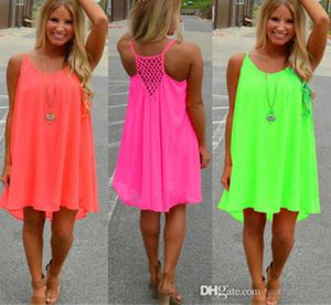 Sexiga casual klänningar kvinnor sommar ärmlös kort chiffong miniklänning öppen back boho kvinnors plus storlek kläder kläder 14 colors2657263