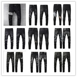 Man jeans designer jean lila jeans märke mager smala fit lyxhål rippade biker byxor mager byxa designer stack mens kvinnor trend mumrar topp