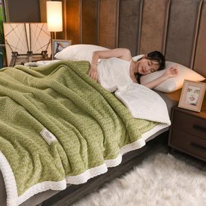 Blankets Wheat Flannel Fleece Blanket Green AB Side Thicken Throw Travel Sofa Multifunction Bedclothes Quilt Home Textile 200 230c280n