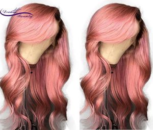 Side Part Natural Long Body Wave 360 lace wig with bangs black roots Ombre Pink Synthetic Lace Front Wig for women Cosplay4806463