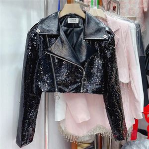 Giacche da donna 2024 Moda Paillettes Cappotto corto Donna Slim Risvolto Manica lunga Cerniera Primavera Autunno Donna Nero Outwear Coreano Streetwear