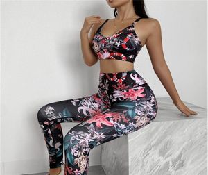 Kvinnor Yoga Set Printed Fitness Clothing High midje Gym Leggingspadded Push Up Sports Bh Running Sportswear Track Suit9389017