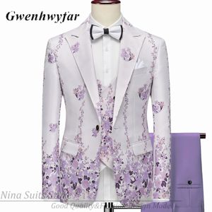 G Nシリーズの男性スーツブレザー美しいライラック紫色の花柄のタキシード3ピースフォーマルパーティーコスチュームhommeスリムフィット240304