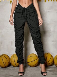 2023 Модные женские шикарные брюки-карго с рюшами и V-образным вырезом на талии, уличные женские однотонные зауженные брюки в стиле хип-хоп 240304