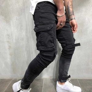 Herren-Jeans, modische Cargohose, schwarze aufgesetzte Tasche, Bleistift, Herrenbekleidung, Hose, lässige Denim-Hose, Jogger