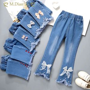 Kızlar denim pantolon bahar ve sonbahar yay geniş bacak pantolon bebek kız alevlendi sıradan kotlar 412y 240227