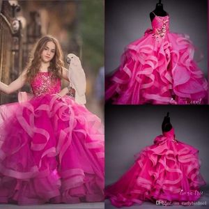 2022 New Fuchsia Spagheti Ball Gown Flower Girl Dresses Vintage Crystal Beaded Girls Formal Party Birthday Pageant Gowns Wedding D280z