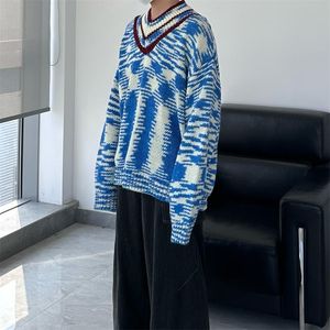 Kazak erkek sweaters 2024ss Sonbahar Kış Kırıştı Örgü Sweater Mavi Çizgili