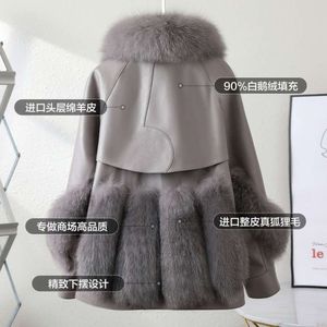 Haining 2024 Winter Fox Grass Short Sheepskin Goose Down Leather and Fur Integrated Coat for Women 825540