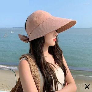 Wide Brim Hats Hat Women Summer Empty Top Foldable Sunhat Sunscreen For Solid Color With Bow Ladies Beach Cap Gorro