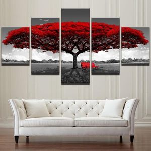 Modüler tuval hd baskılar posterler ev dekor duvar sanat resimleri 5 parça kırmızı ağaç sanat manzara resimleri çerçeve205o