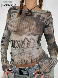 Женская футболка Weekeep Grunge Retro Mesh Crop Top y2k Vintage Print Long Sle See Through Сексуальная футболка Клубная одежда Рубашки Женские модные наряды 240311