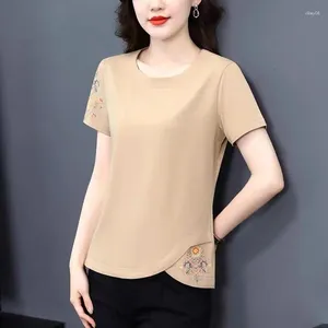 여성 T 셔츠 티셔츠 여름 짧은 슬리브 느슨한 풀오버 솔리드 빈티지 둥근 목 목 자수 인쇄 패션 우아한 플러스 사이즈 탑