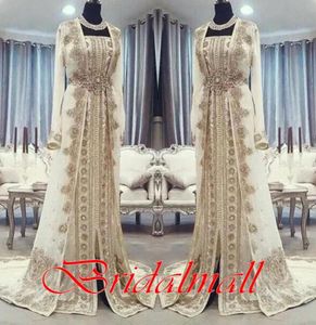 Marockan Caftan Kaftan Evening Dresses 2020 Modest Dubai Abaya Arabiska långa ärmar Fantastiska guldbroderi Prom Formella klänningar Robes5137596
