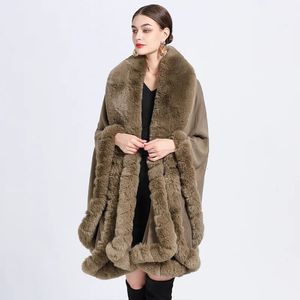 Europe America Imitation Otter Rabbit Fur Collar Hooded Imitation Cashmere Loose Ponchos Women Capes Khaki Cloak 240309