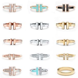 مجوهرات العلامة التجارية الفاخرة المصمم الأصلي كلاسيكي أزرق مزدوج T fritillaria Zircon Ring مربع هدايا خطوبة المرأة