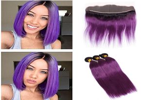 Trama de cabelo humano reto 1bpurple 9a brasileiro peruano cabelo virgem indiano três pacotes com renda frontal raízes escuras cabelo humano 5536717