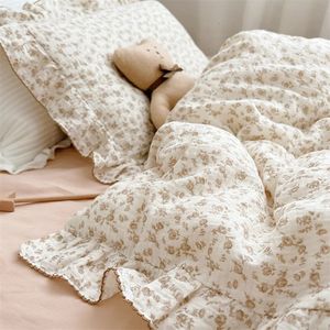 Coreano bebê menina berço conjunto de cama coelho rosa cereja floral impressão algodão musselina berço kit cama capa edredão folha fronha 240226