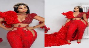 2021 ASO EBI Jumpsuit med Wrap Red Prom Dresses Crystals Pant Suit Ruffle Party Second Reception klänningar plus storlek på kvällsklänning2278645