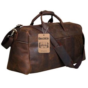 Berchirly Vintage Crazy Horse Vera Pelle da uomo borsone da viaggio bagaglio da viaggio in pelle di vacchetta naturale Borsa da weekend grande Hangbag LJ2009222411