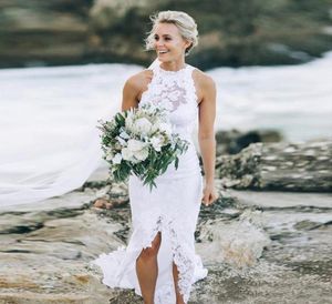 2021 Bohemian Beach Wedding Dress Ivory Dresses High Low Lace Short Front Slit Long Back Halter Boho Mermaid Bridal Gowns Vestidos4557581