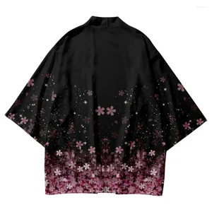 エスニック服Yukata asian rarjuku黒の花柄の着物とショーツセット夏のヴィンテージ日本のカーディガン女性男性コスプレ