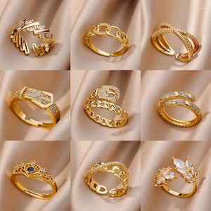 Cluster Rings Zircon Belt For Women Stainless Steel Adjustable Finger Ring Femme Geometric Wedding Aesthetic Jewerly Gift Anillos