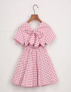 girl kids clothes dress summer girl kids plaid back hollow out dress kids round collar short sleeve elegant dress 2 colors6563227