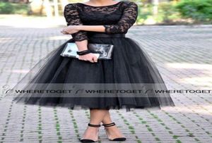 Tea Length Bridesmaid Dresses With 34 Long Sleeve 2019 Black Vintage Lace Tulle Arabic Wedding Party Prom Gowns Cheap Under 100 H3981641