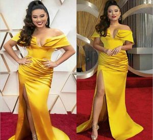 Celebrity Red Carpet Evening Dresses Sexig Bateau Neck Vestidos de Fiesta de Noche Ruched Long Side Split Prom Dresses4126066