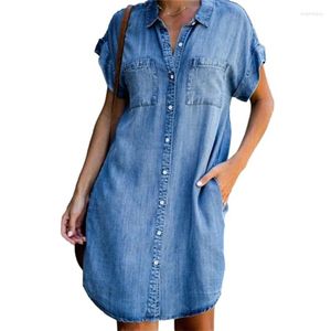 Casual Dresses Women Loose Lapel Single-breasted Cardigan Denim Gown Summer Thin Double Pockets Female Daily Short Sleeve Dress